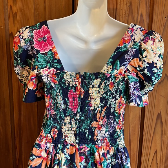 Vintage tropical floral fit n flare midi dress with padded shoulders - Picture 4 of 13